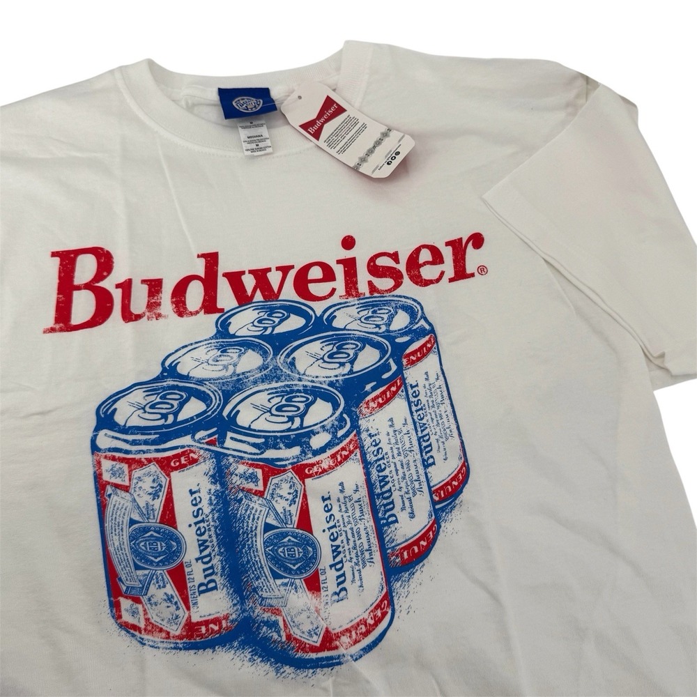 New Budweiser Beer Bud 6 Pack Classic Logo White Men's Vintage T-Shirt Size M